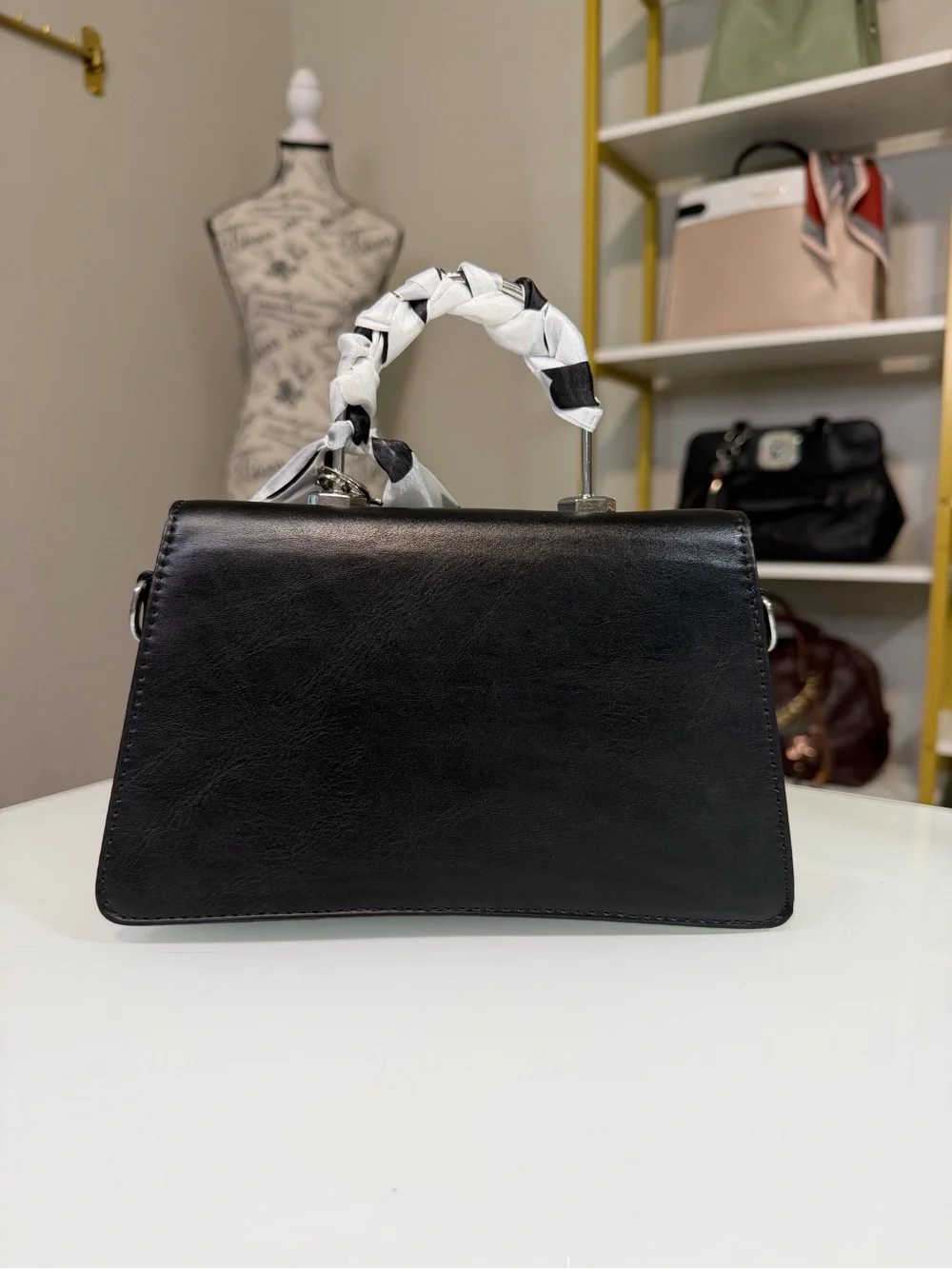 Women's Top-Handle Bag Black with Heart Scarf Accent